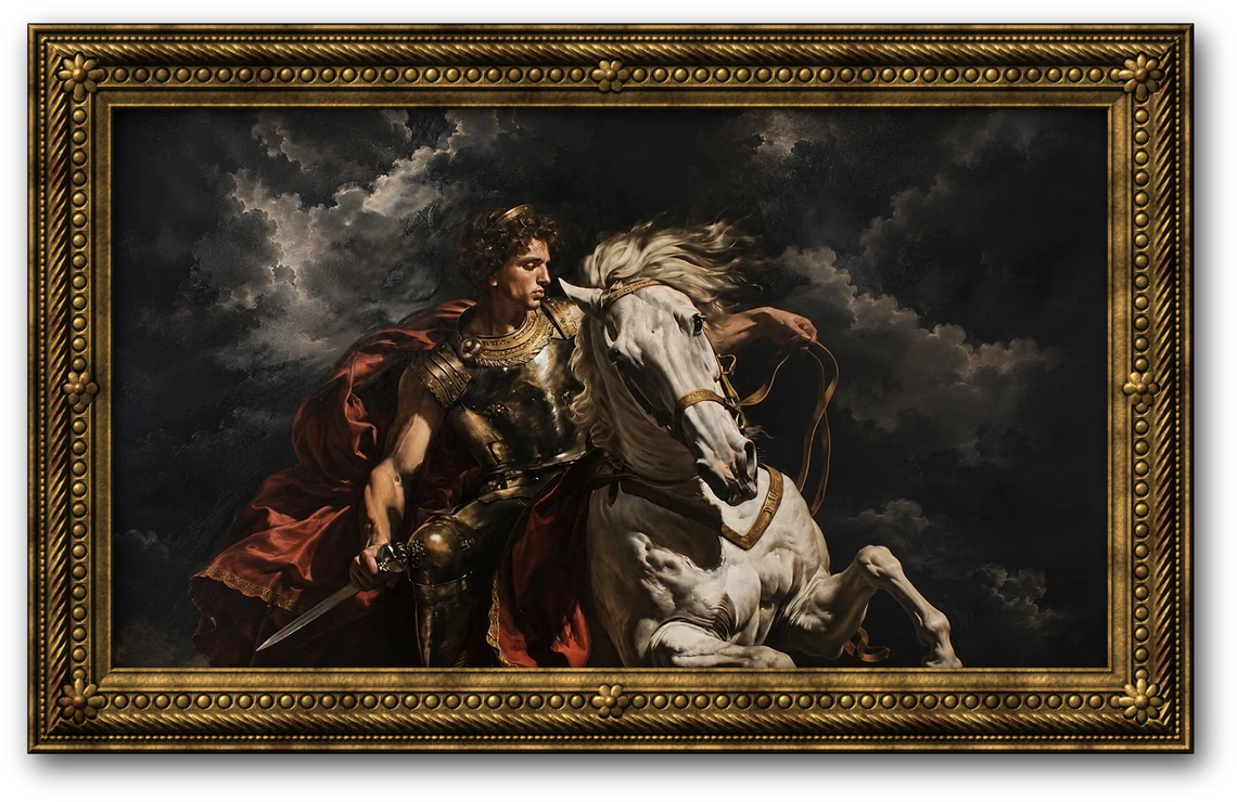 Warrior on a white horse, framed painting